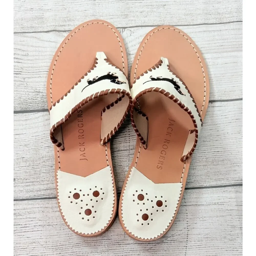 Jack Rogers Embroidered Leather Thong Sandals Dachshund Dog White Brazil Size 11 - Picture 4 of 7